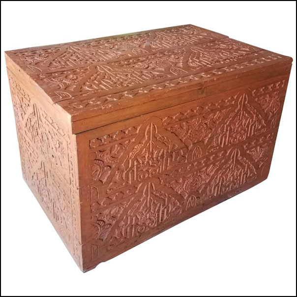 Moroccan Wooden Cedar Trunk, Carvings Throughout