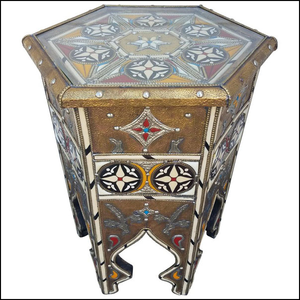 Easy Moroccan Camel Bone Side Table Resin and Metal Inlay