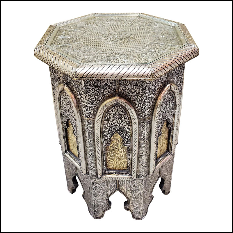 Moroccan Metal Inlaid Side Table, Arch Sides
