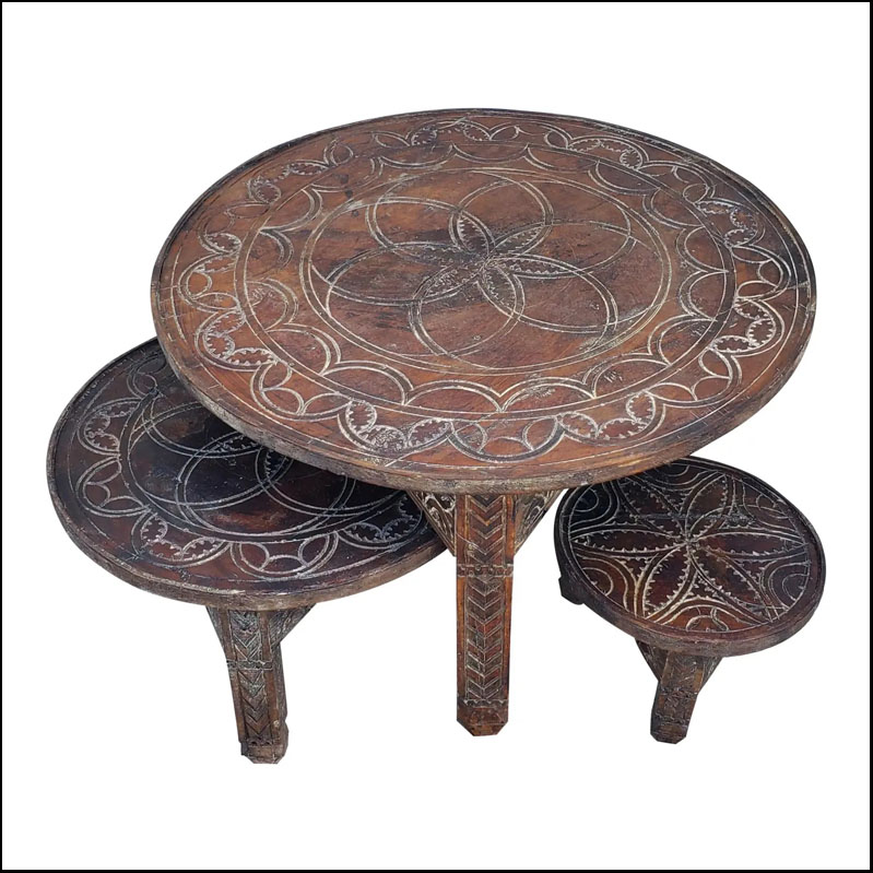 Moroccan Hand Carved Wooden tables / Berber Style, Set Of 3