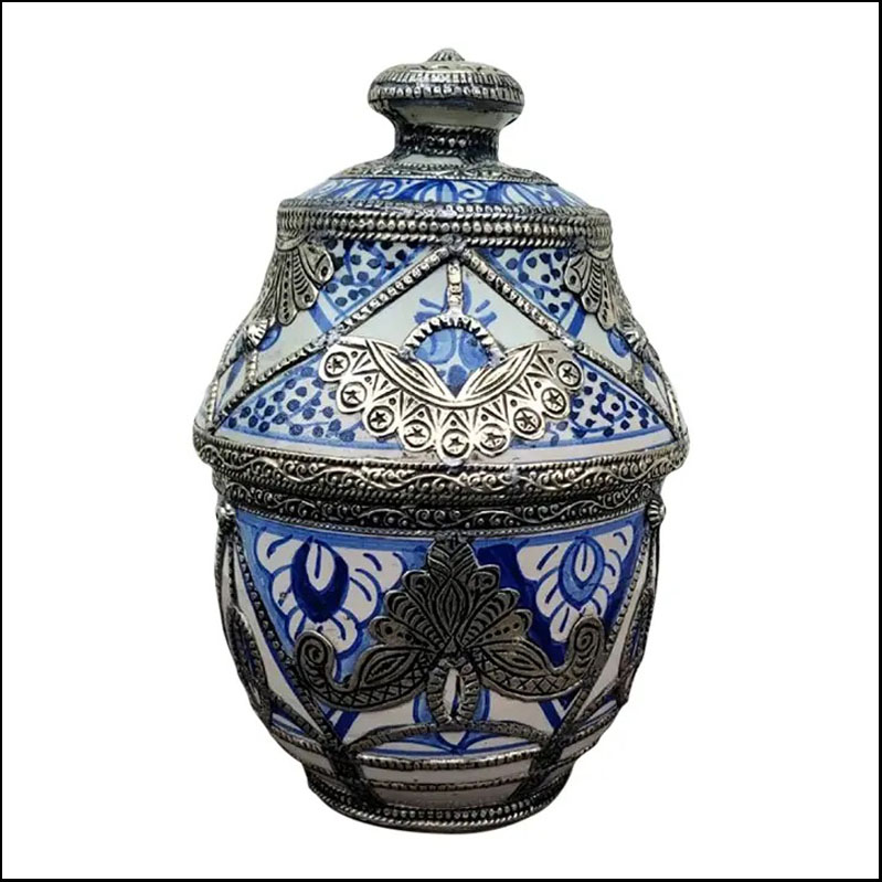 Blue And White Metal Inlaid Moroccan Hand Painted Urn/ Jar III