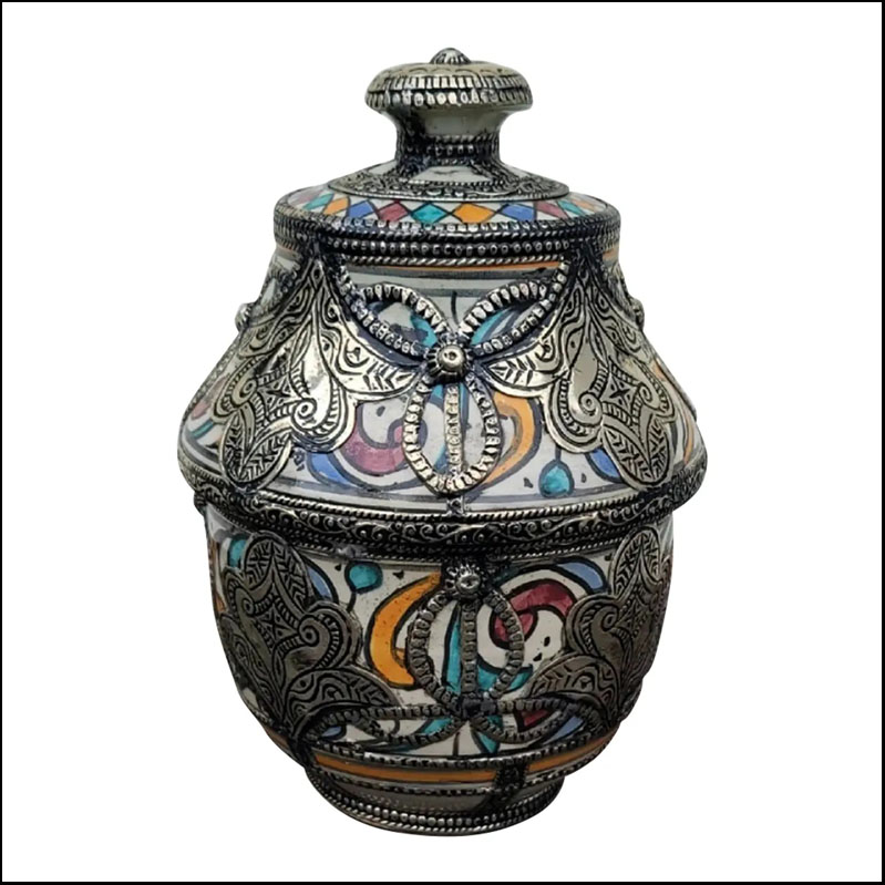 Multicolor Metal Inlaid Moroccan Hand Painted Urn/ Jar I