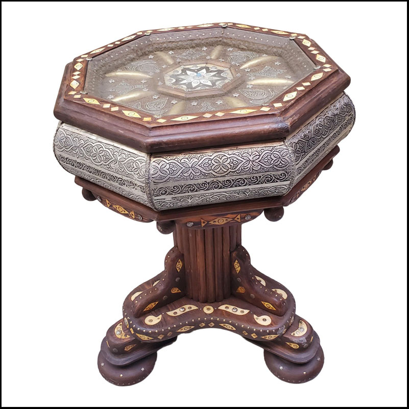 Moroccan Octagonal Camel Bone And Metal Inlaid Side Table, Exotica