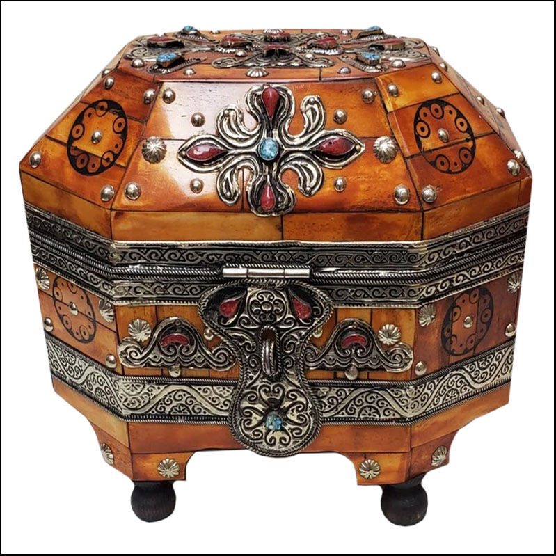 Moroccan Orange Camel Bone and Metal Inlay Mini Trunk / Jewelery Box – Oval Shape