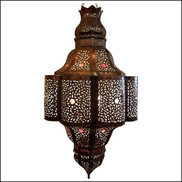 Turkish Moroccan Handmade Metal Lantern and Multi-Color Glass