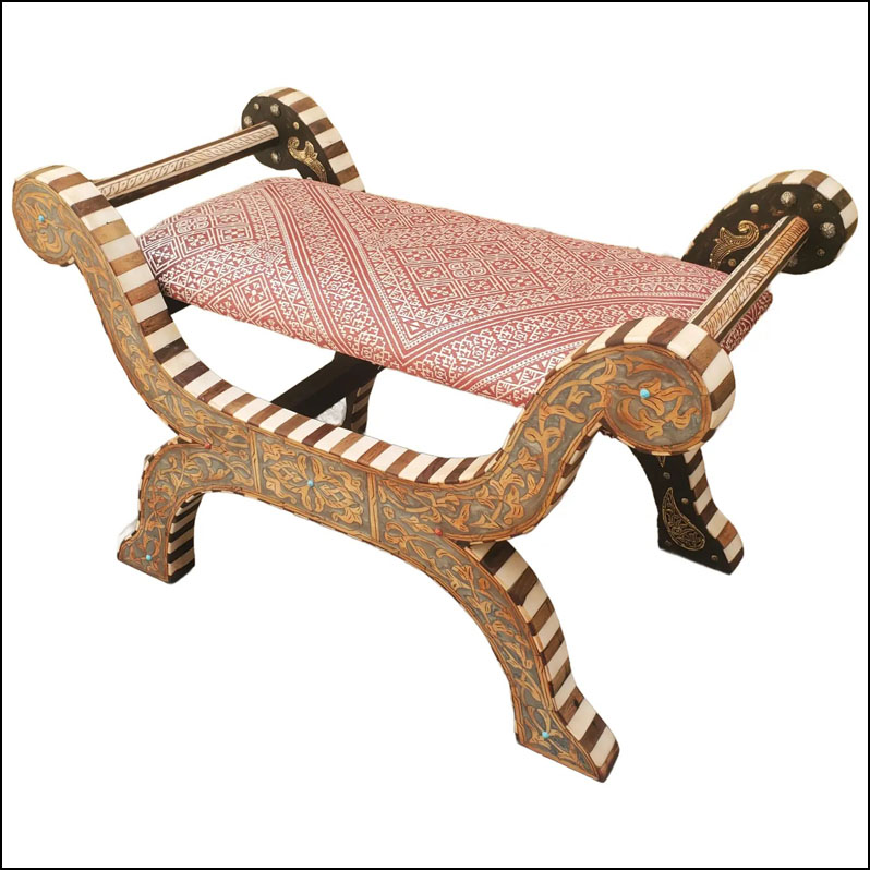 Contemporary Traditional Moroccan Resin and Walnut Wood Bedside Bench / Red Tarz