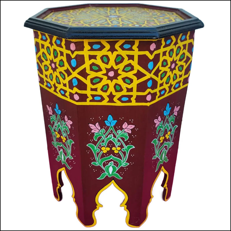 Moroccan Octagonal Hand Painted Wooden Side Table, Bordeaux Zouak