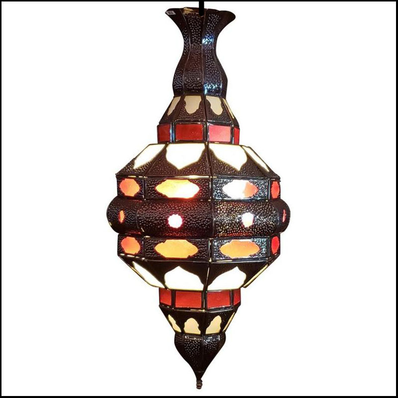 Moroccan Glass Lantern, EL Makki Style, Frosty White And Red Glass