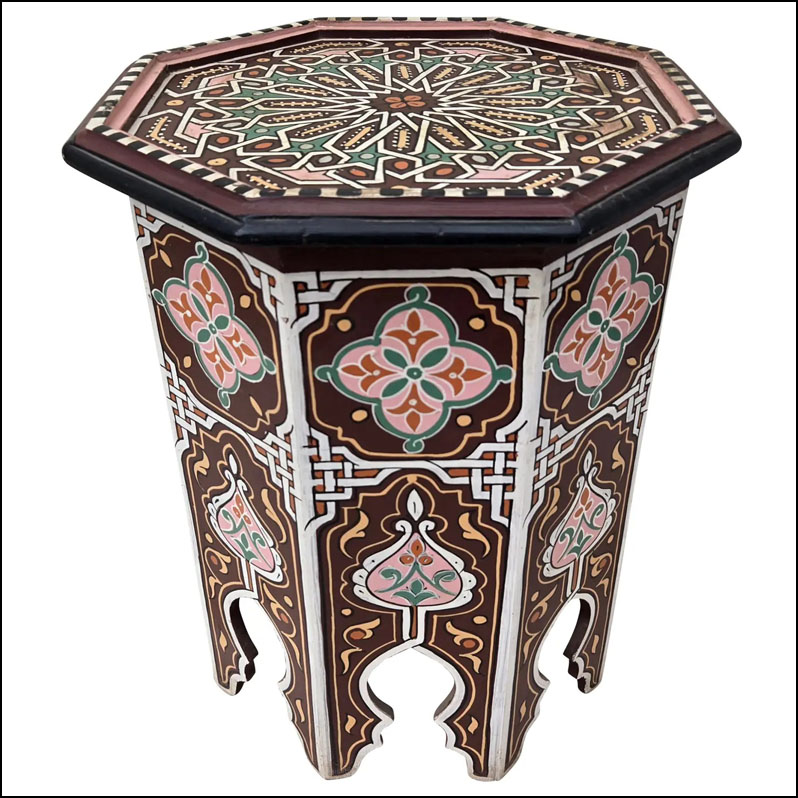 Moroccan Hexagonal Hand Painted Wooden Side Table / Brown Indu