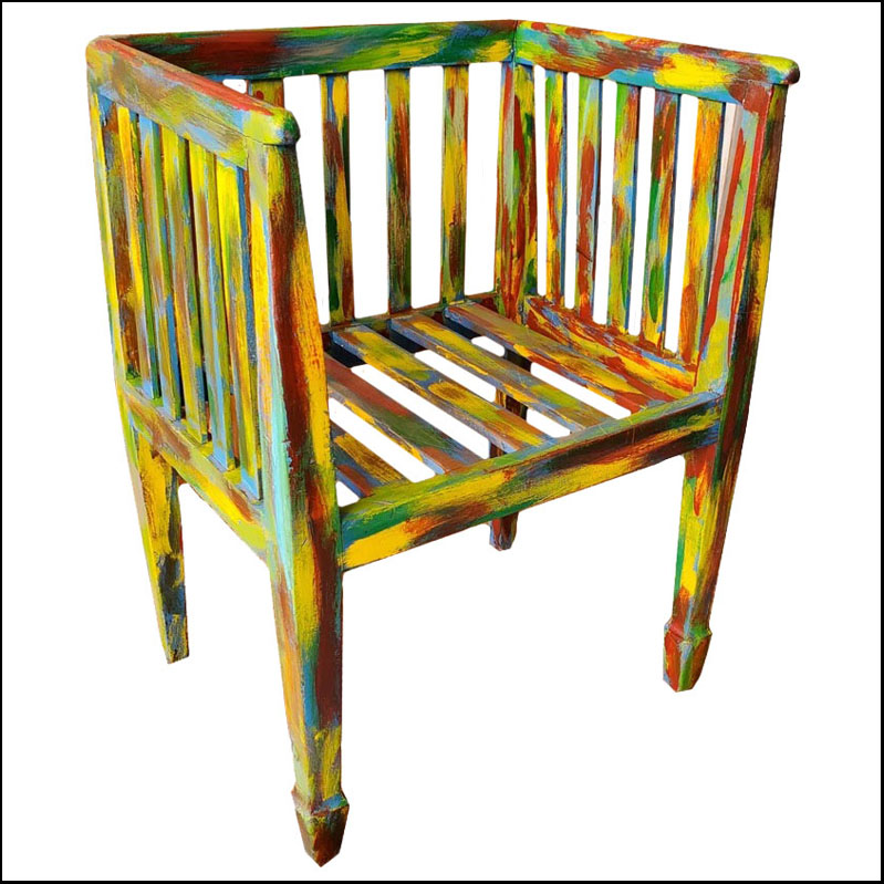 Vintage Moroccan Handpainted Wooden Chair / Multicolor Wash Collection