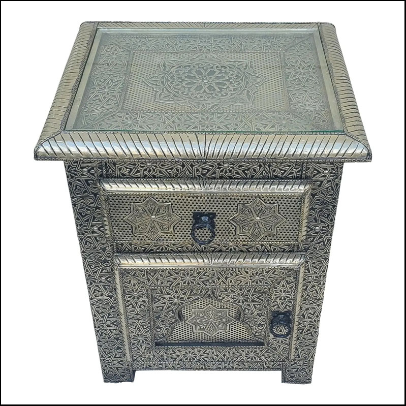 All Metal Inlaid Moroccan Nightstand, Silver Finish