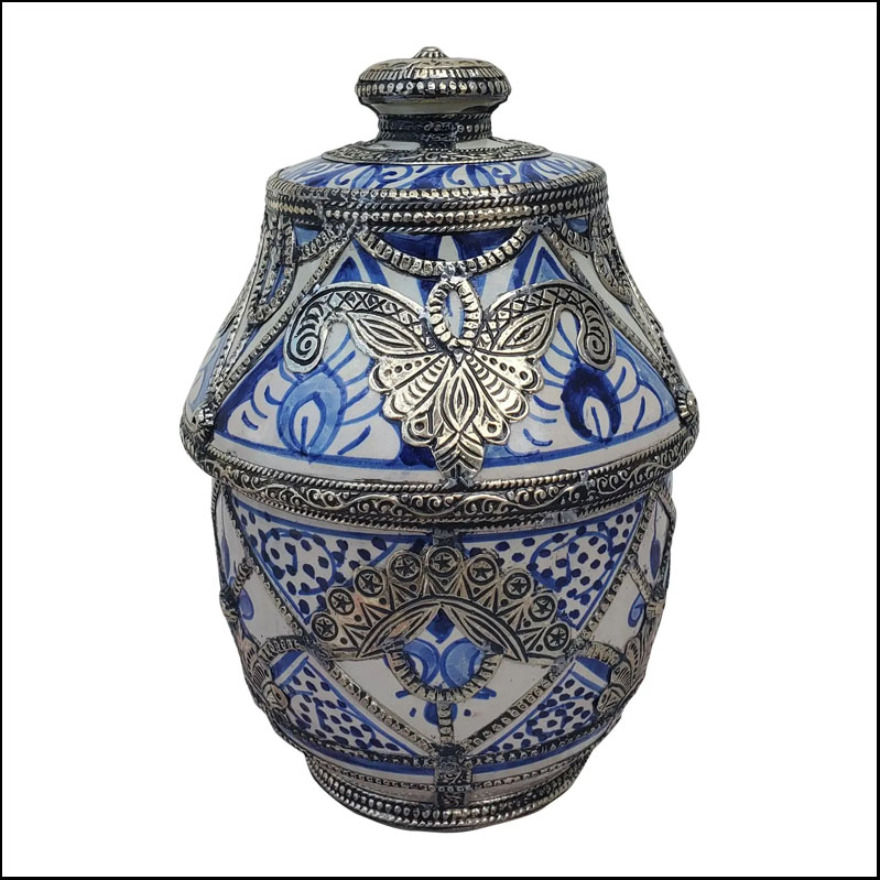 Blue And White Metal Inlaid Moroccan Hand Painted Urn/ Jar I