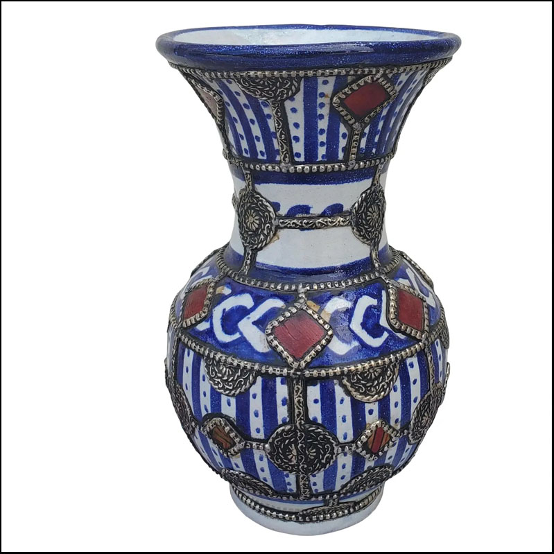 Blue And White Metal Inlaid Moroccan Hand Painted Vase I