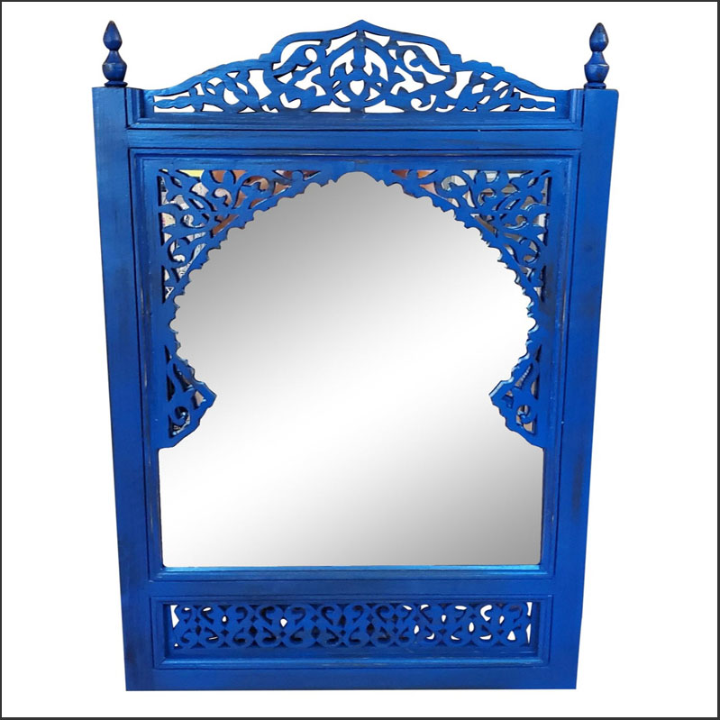 9/ Contemporary Blue Moroccan Hand-Carved Wooden Mirror