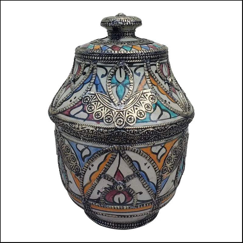 Multicolor Metal Inlaid Moroccan Hand Painted Urn/ Jar II