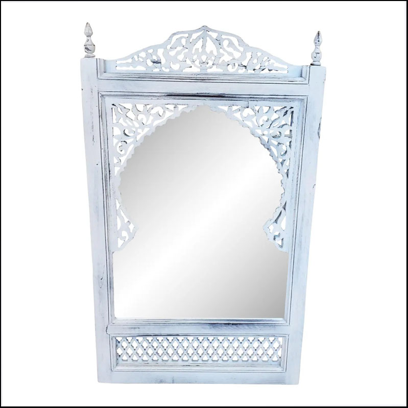 11/ Contemporary Off White Moroccan Hand-Carved Wooden Mirror