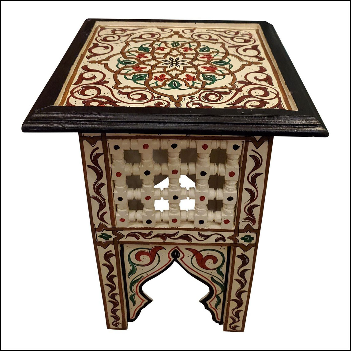 Moroccan Square Wooden End Table, Hand Painted Off White