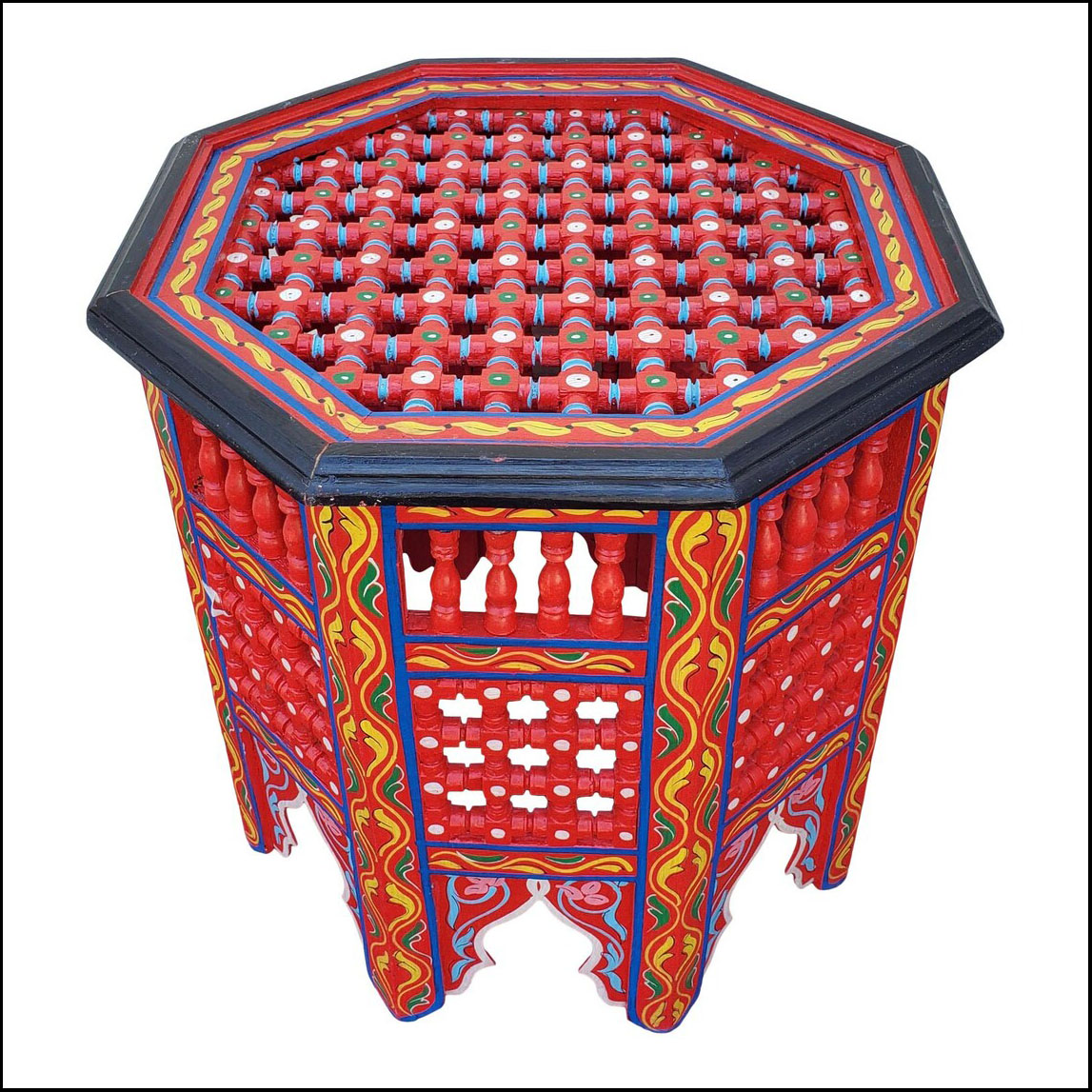 Moroccan Octagonal Wooden Side Table, Musharabi Red