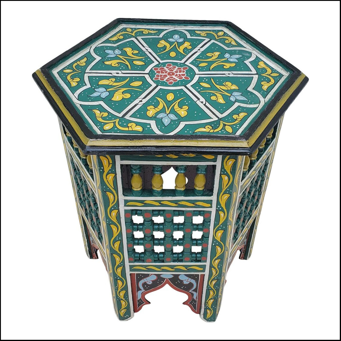Moroccan Hexagonal Wooden Hand Painted Side Table, Green