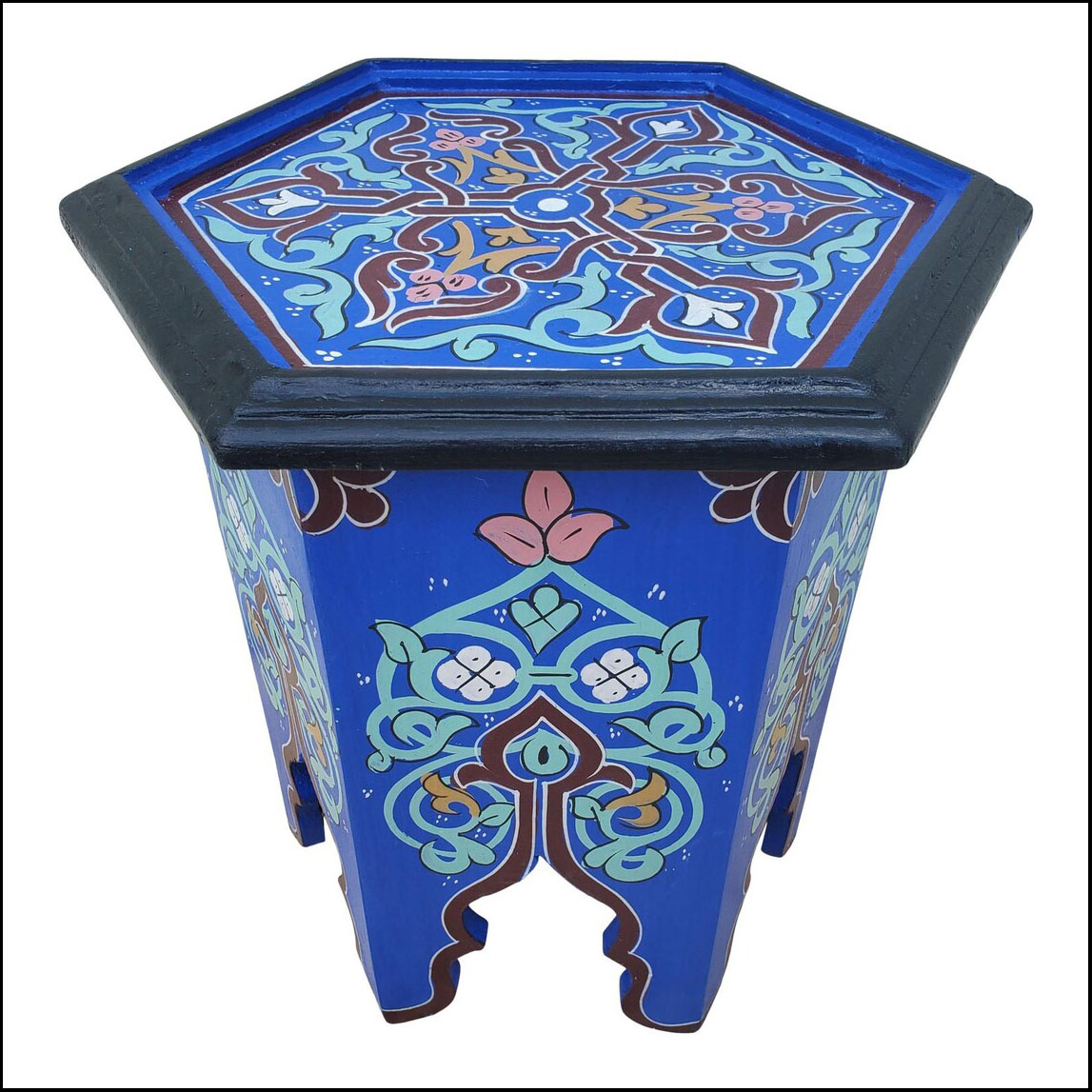 Moroccan Hexagonal Hand Painted Wooden Side Table, Mini Blue