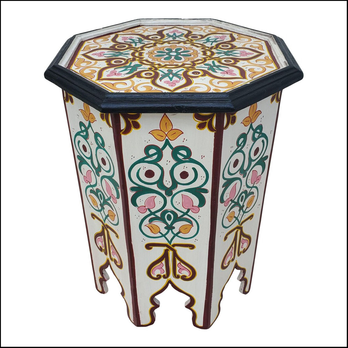 Moroccan Octagonal Hand Painted Wooden Side Table, White
