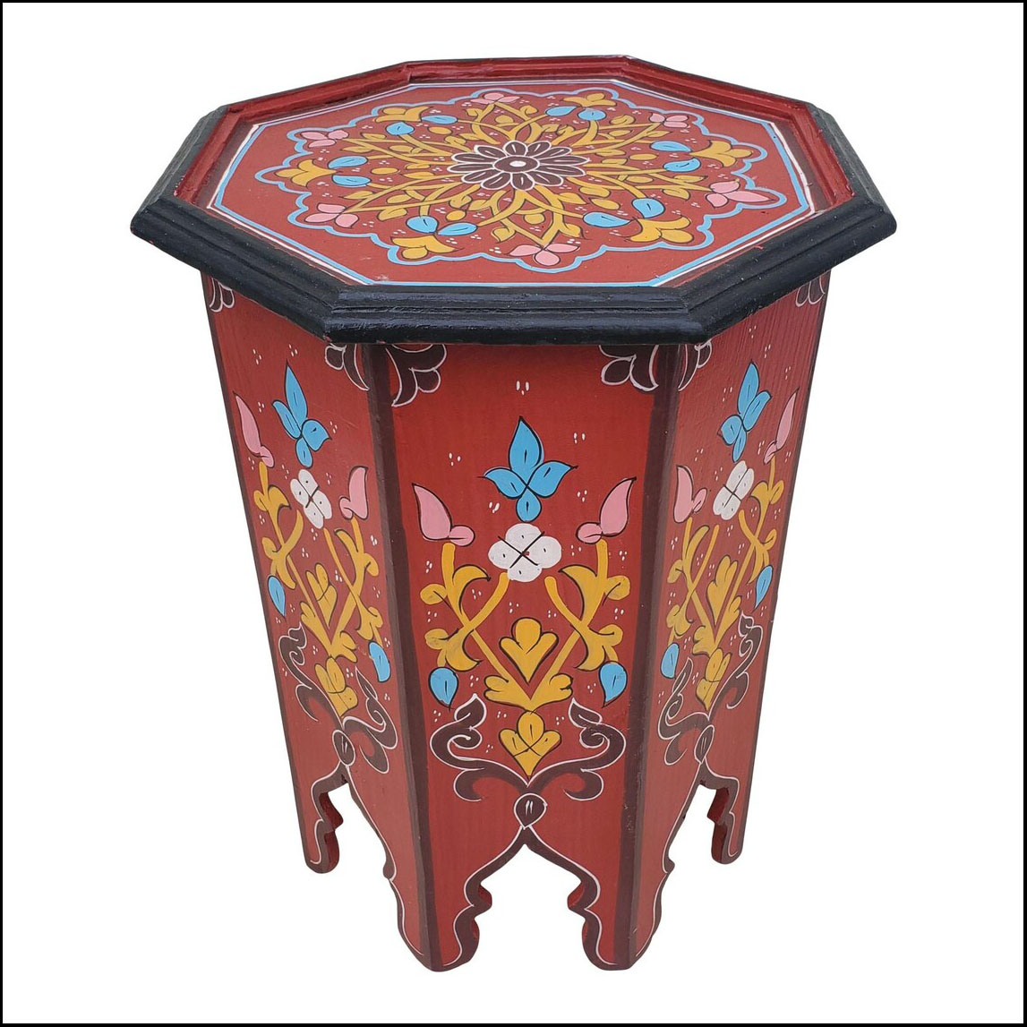 Moroccan Octagonal Hand Painted Wooden Side Table, Red