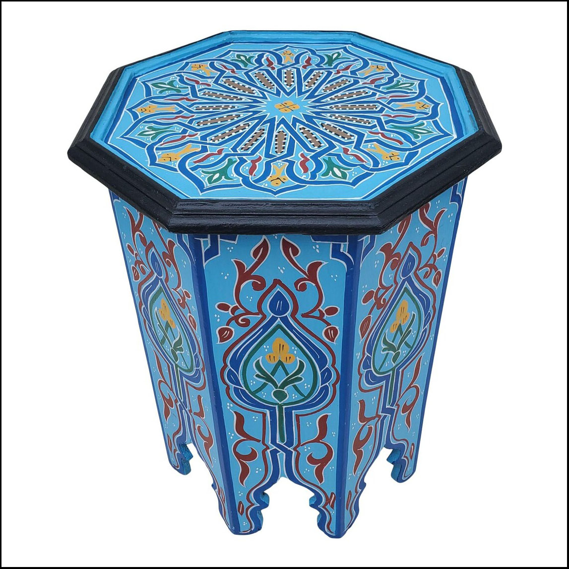 Moroccan Octagonal Hand Painted Wooden Side Table, Sky Blue