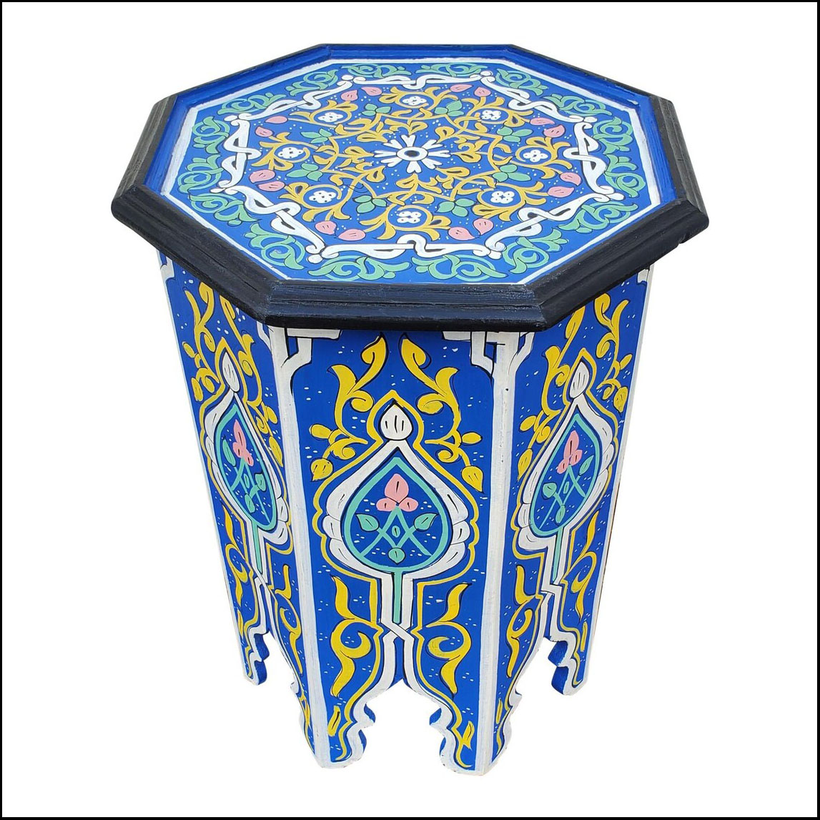 Moroccan Octagonal Hand Painted Wooden Side Table, Blue