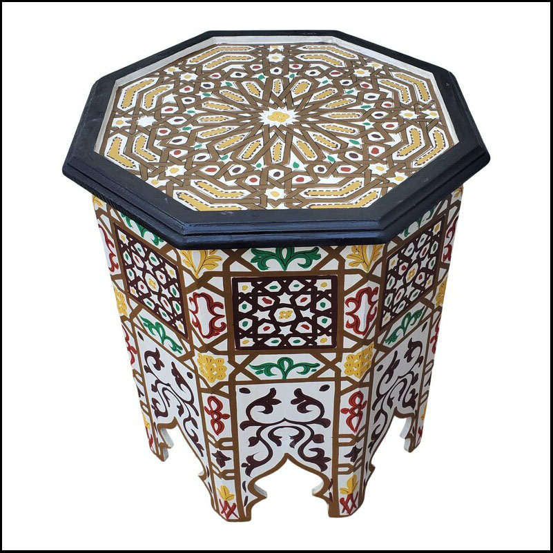 Moroccan Octagonal Wooden Side Table, Brown And White