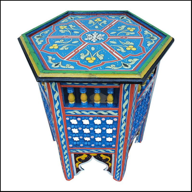 Moroccan Octagonal Wooden Side Table, Musharabi Blue 2