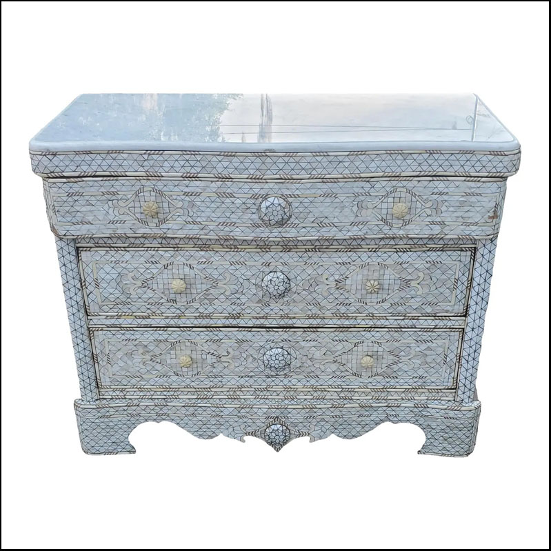 Large Syrian Mother-of-Pearl Walnut Wood Chest of Drawers, Ivory
