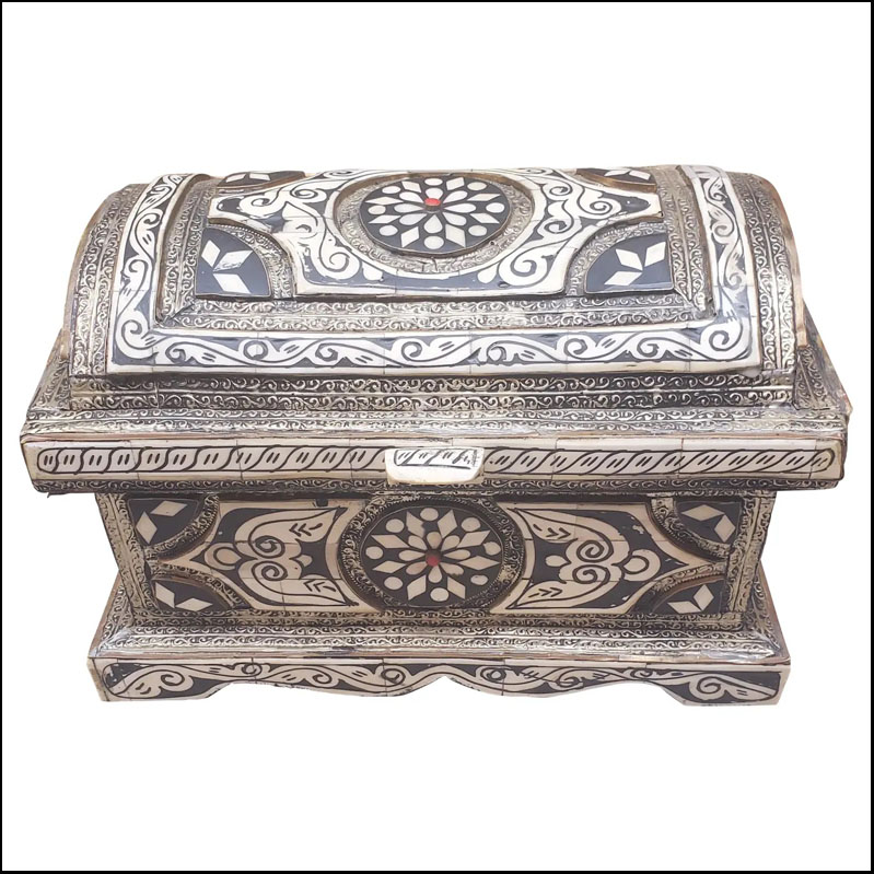 Moroccan Black and White Camel Bone, Resin and Metal Inlaid Cedar Wood Trunk
