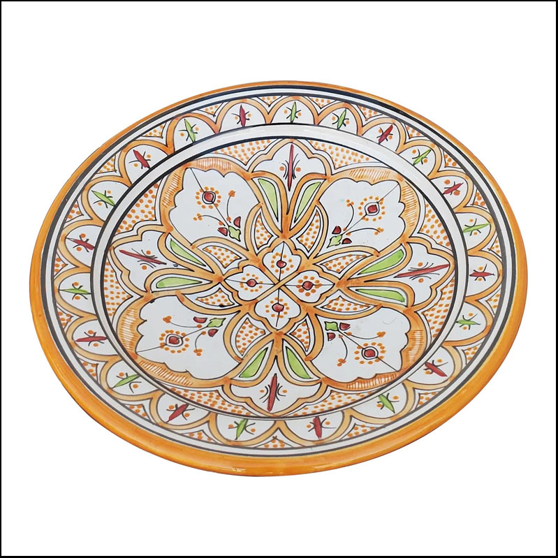 Moroccan Hand Painted Pottery Plate, Multi-Color Orange