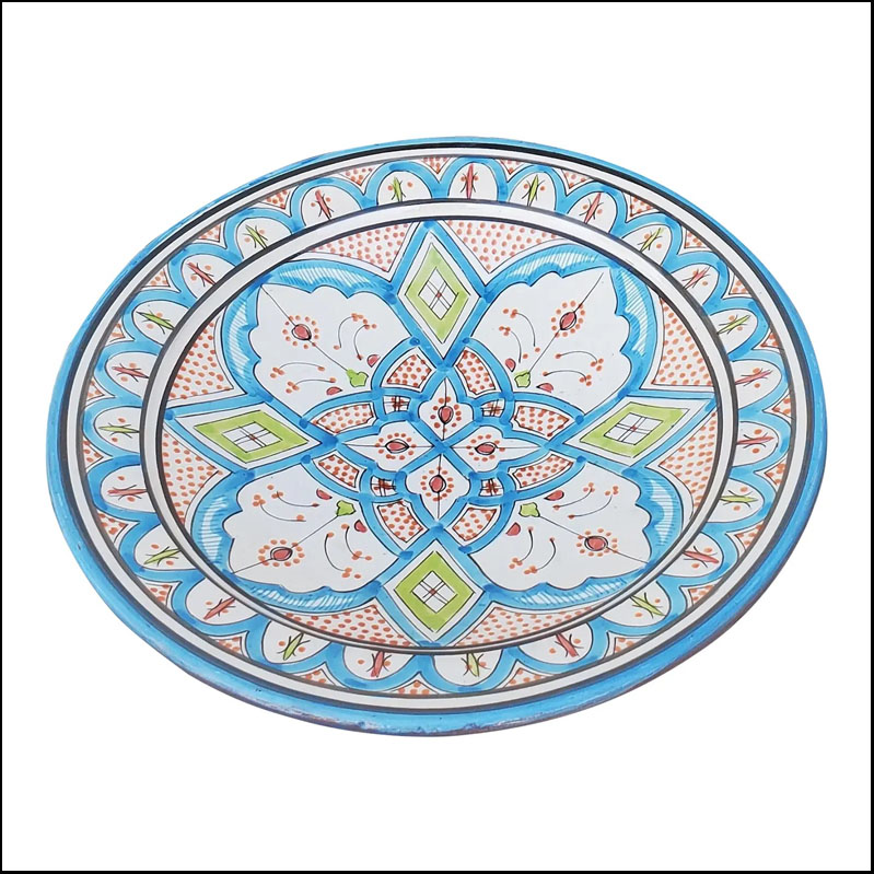 Moroccan Hand Painted Pottery Plate, Multi-Color Turquoise