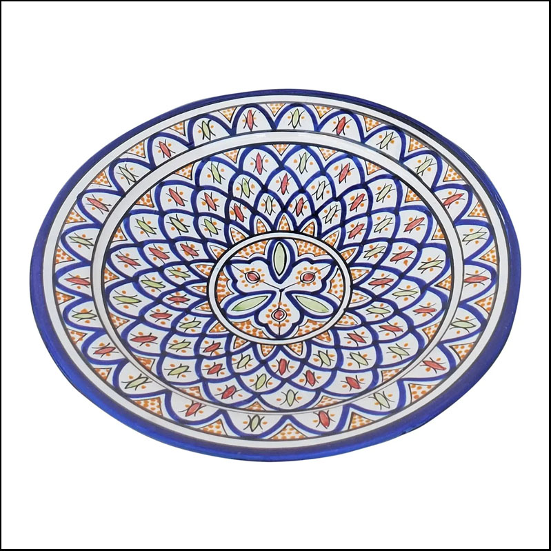 Moroccan Hand Painted Pottery Plate, Multi-Color Blue 1