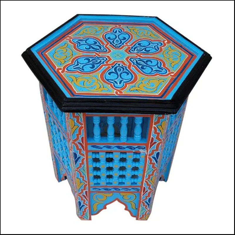 Moroccan Hexagonal Wooden Hand Painted Side Table, Musharabi Light Blue
