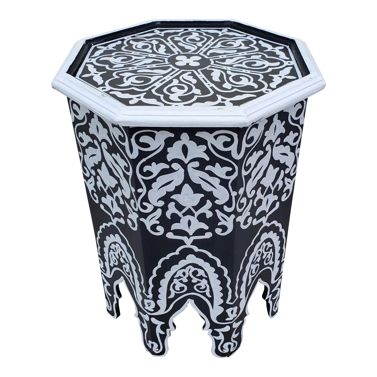 Moroccan Octagonal Hand Painted Wooden Side Table, Black And White Zouak