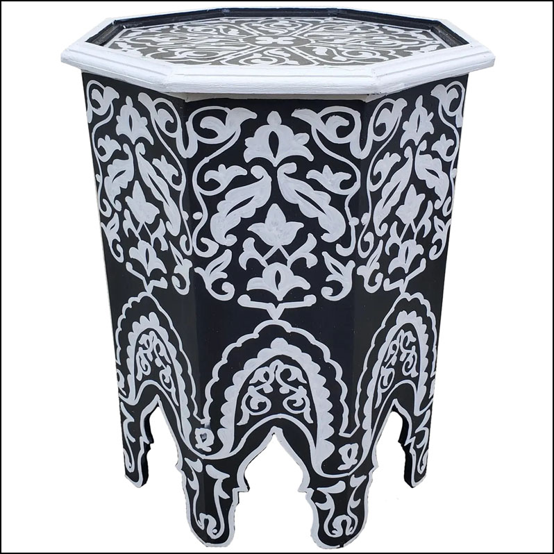 Moroccan Octagonal Hand Painted Wooden Side Table, Black And White Zouak