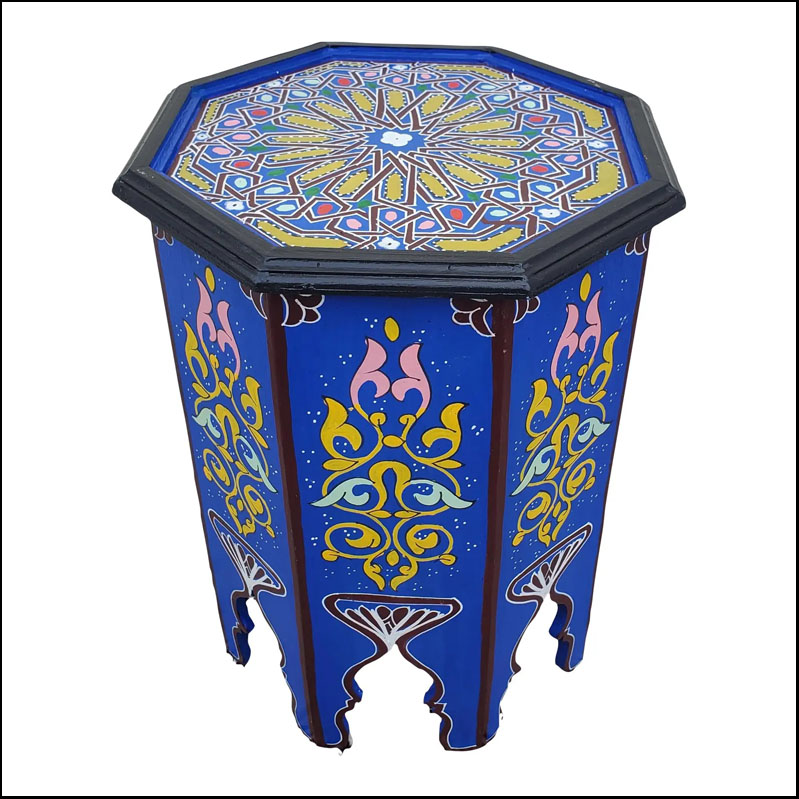Moroccan Octagonal Hand Painted Wooden Side Table, Blue Zouak