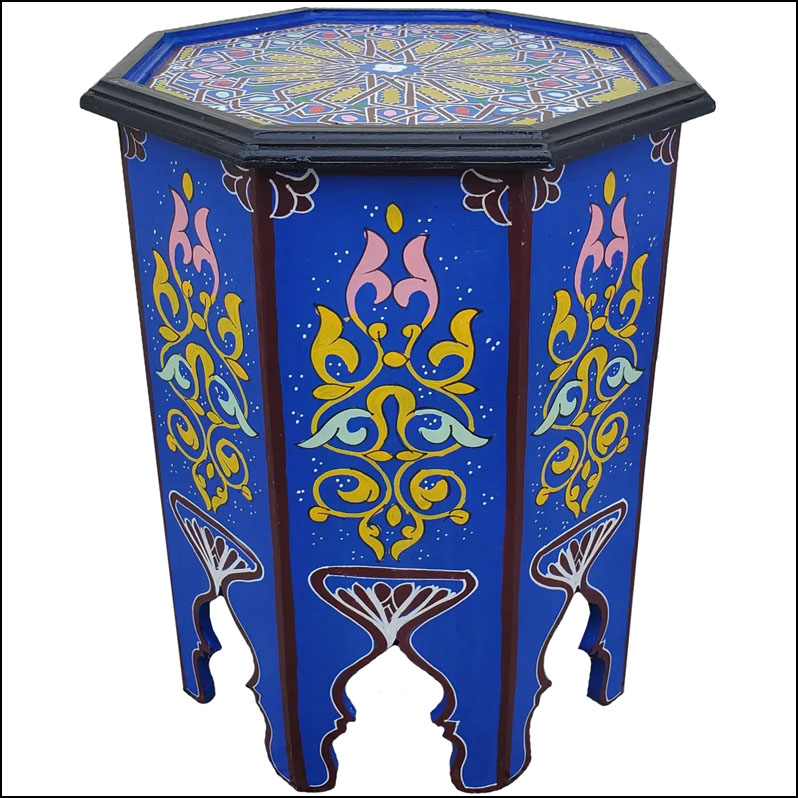 Moroccan Octagonal Hand Painted Wooden Side Table, Blue Zouak