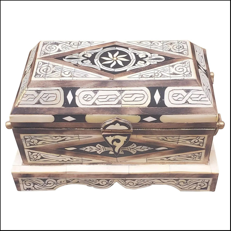 Moroccan Camel Bone, Resin and Metal Inlaid Cedar Wood Trunk