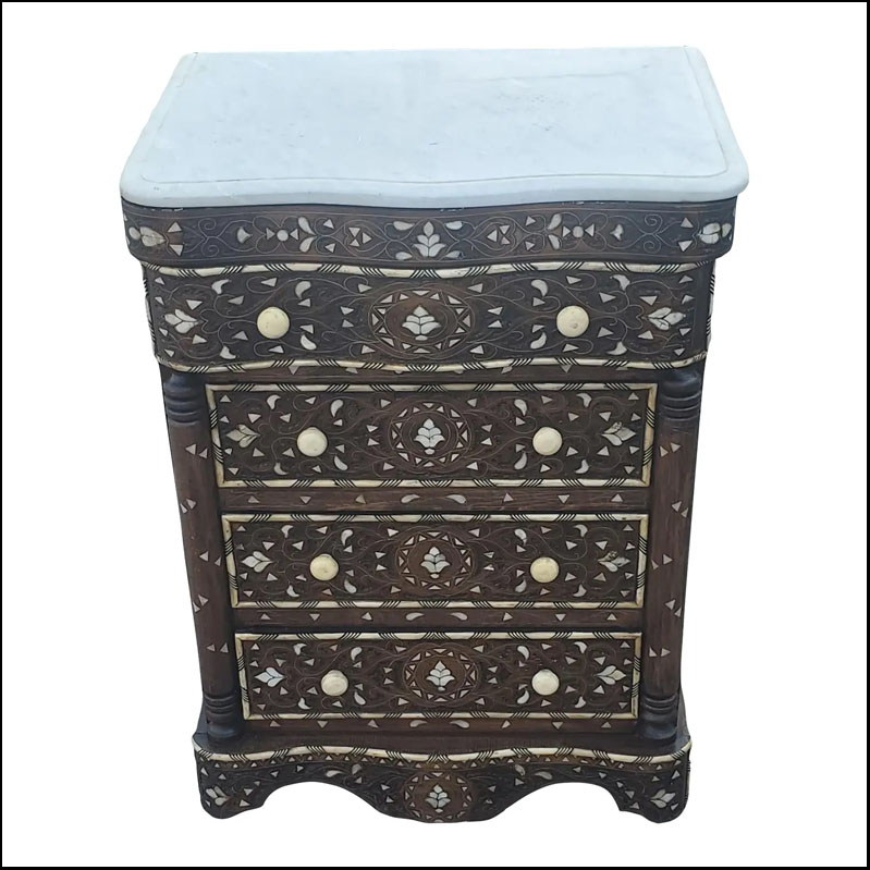 Syrian Mother-of-Pearl Walnut Wood Chest of Drawers, Chocolate Brown