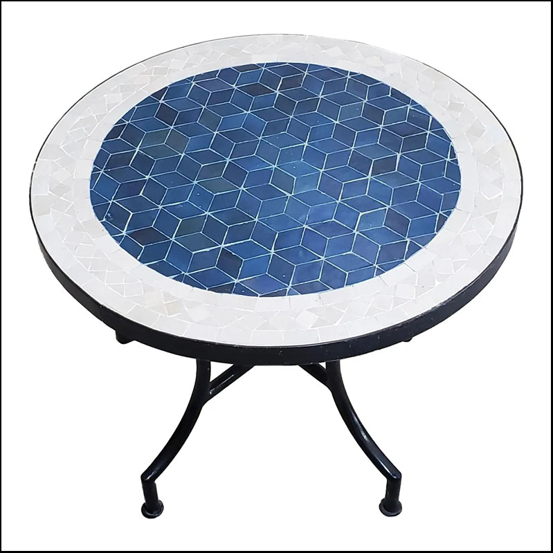 24″ Petrol Blue and White Moroccan Round Mosaic Table, Diamond Collection / Lozenge – 2 Pieces