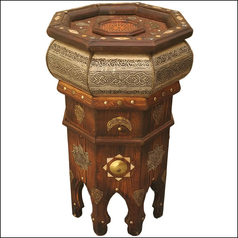 Moroccan Octagonal Traditional Metal Inlaid and Cedar Wood Side Table