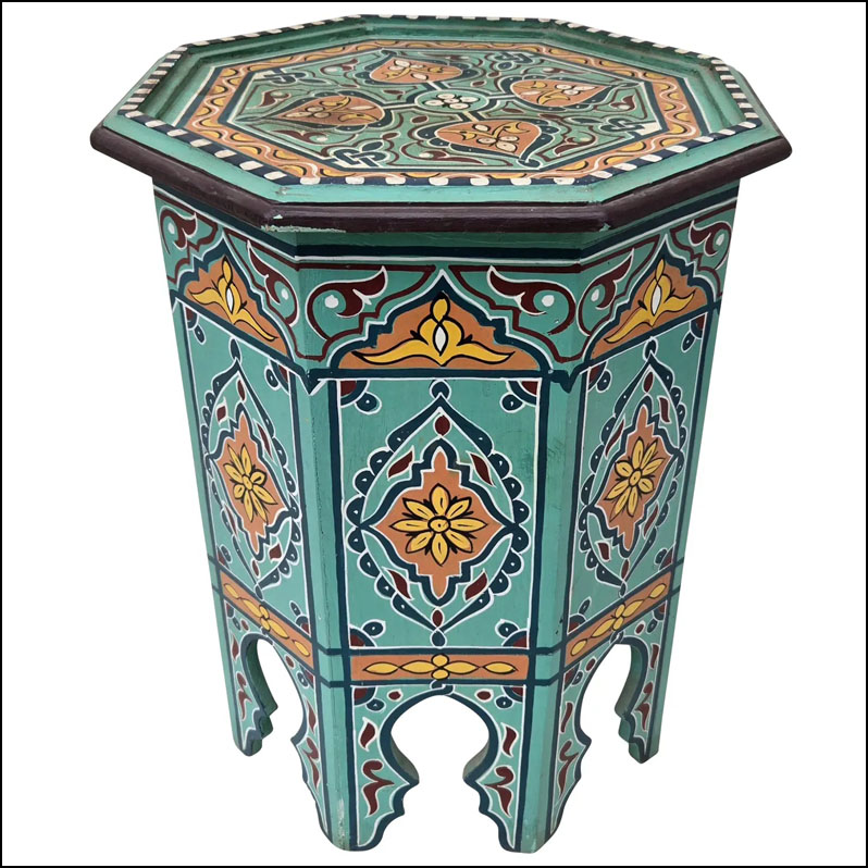 Moroccan Hexagonal Wooden Hand Painted Side Table, Indu Turquoise
