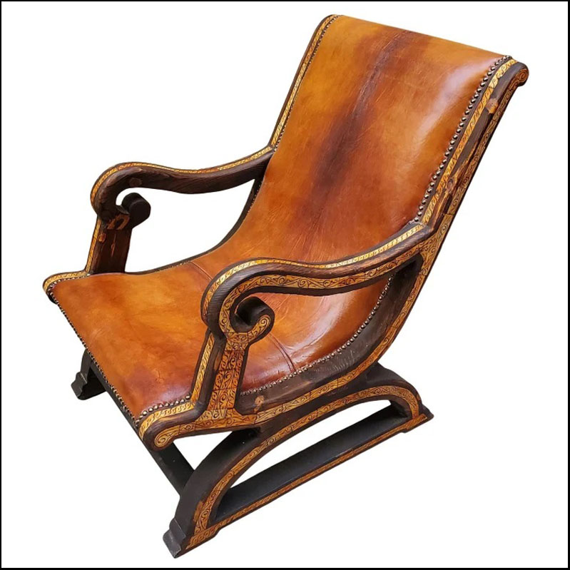 Vintage Look Moroccan Leather Camel Bone Cedar Chair