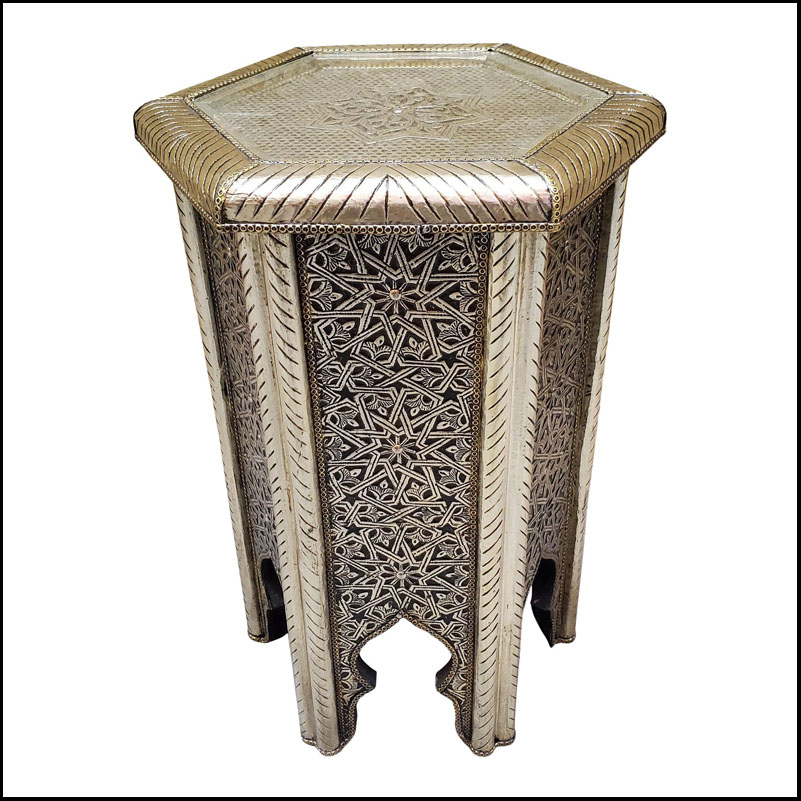 Moroccan Hexagonal Metal Inlaid Side Table, Silver Finish