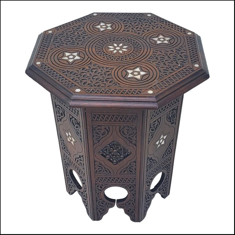 Syrian Style Moroccan Octagonal Mother-of-Pearl Wooden Side Table / Musharabi, Extra Carving