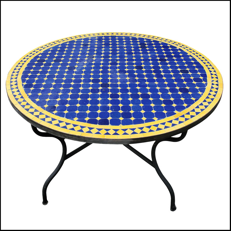 48″ Round Moroccan Mosaic Table, Blue / Yellow