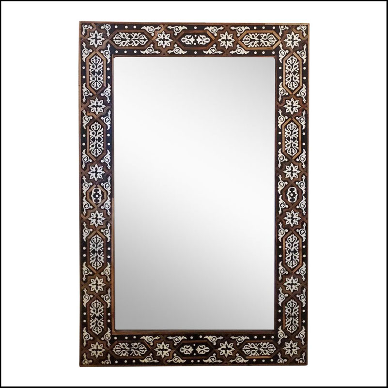 Moroccan Rectangular Modern Traditional Chic Mirror, Camel Bone Inlay, 115lm24